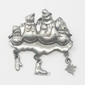 Vintage LCD snowman family brooch silver tone